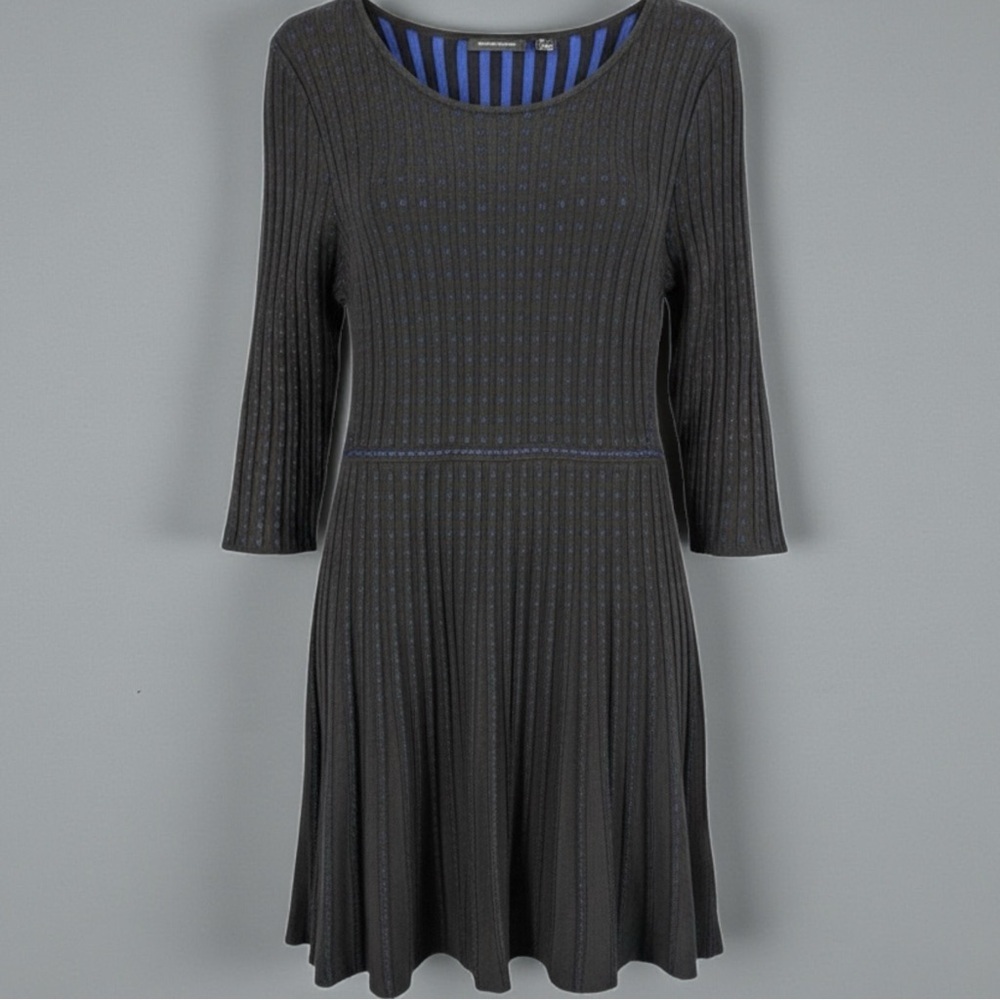 Nina Leonard Black Pleated Sweater Knit Fit & Flare Dress Blue Dot Detail Size M
